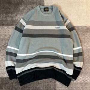 Vintage Southpole Mens L Striped Knit Sweater Gray Blue White Black Crewneck Y2K